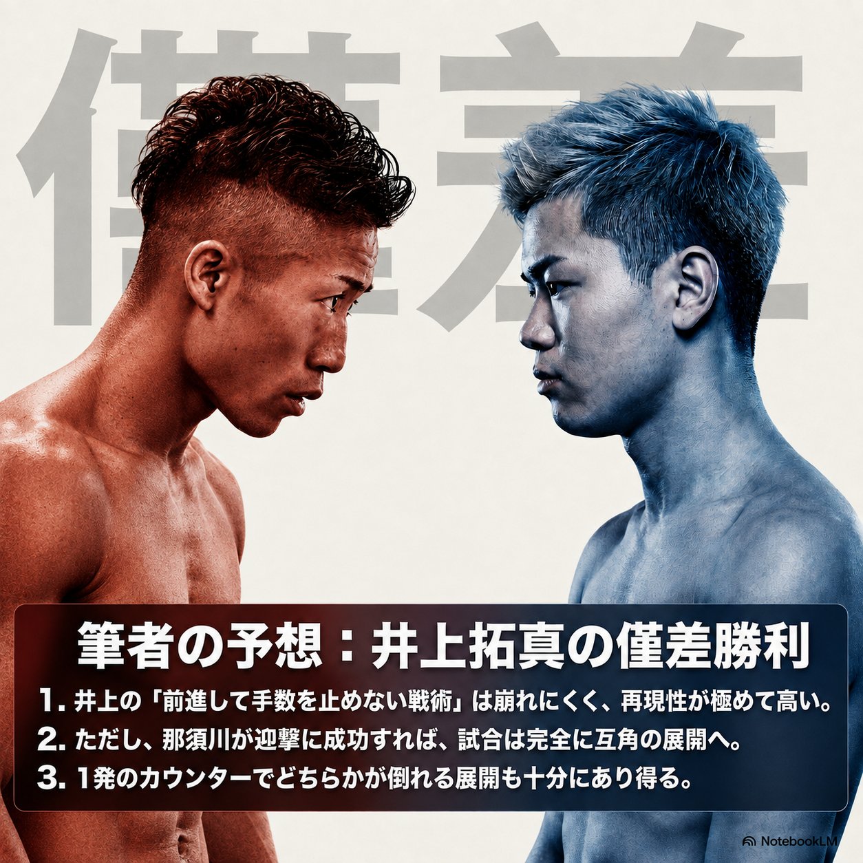 井上拓真と那須川天心が至近距離で向かい合うモノトーンの画像に、筆者の予想として井上拓真の僅差勝利とその理由3点が箇条書きで重ねられた図