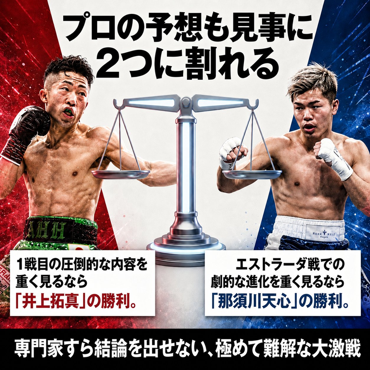 中央に天秤を配置し、左に井上拓真、右に那須川天心を置いて、初戦重視なら井上、エストラーダ戦重視なら那須川という予想の分かれ方を示した図