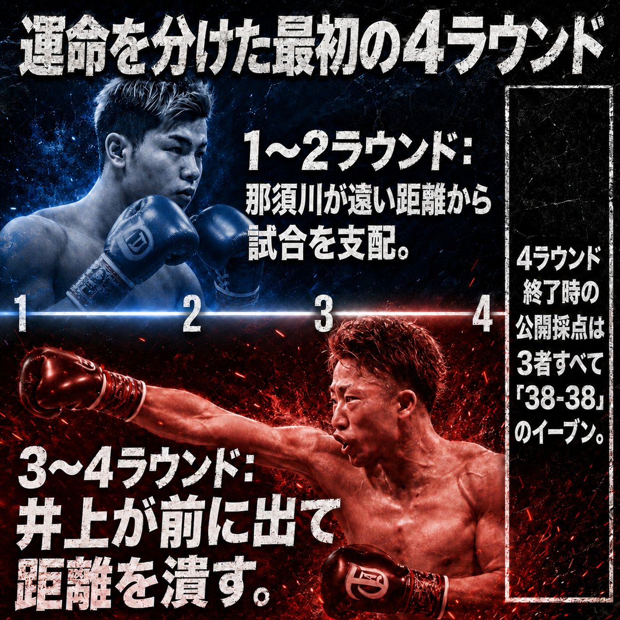 上段に那須川天心、下段に井上拓真の打撃写真を配置し、1〜2ラウンドは那須川が支配、3〜4ラウンドは井上が距離を潰したと説明する図。右に38-38の公開採点を記載