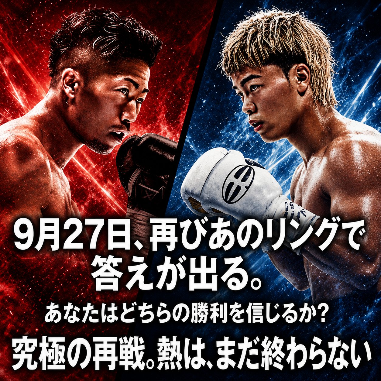 赤と青に分かれた背景で井上拓真と那須川天心がグローブを構えて向かい合い、9月27日に再びあのリングで答えが出るという言葉が重ねられた図