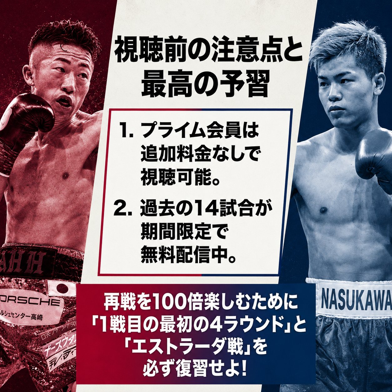 井上拓真と那須川天心を赤青のモノトーンで左右に配置し、プライム会員は追加料金なしで視聴可能、過去14試合が期間限定で無料配信中という2点を箇条書きで示した図