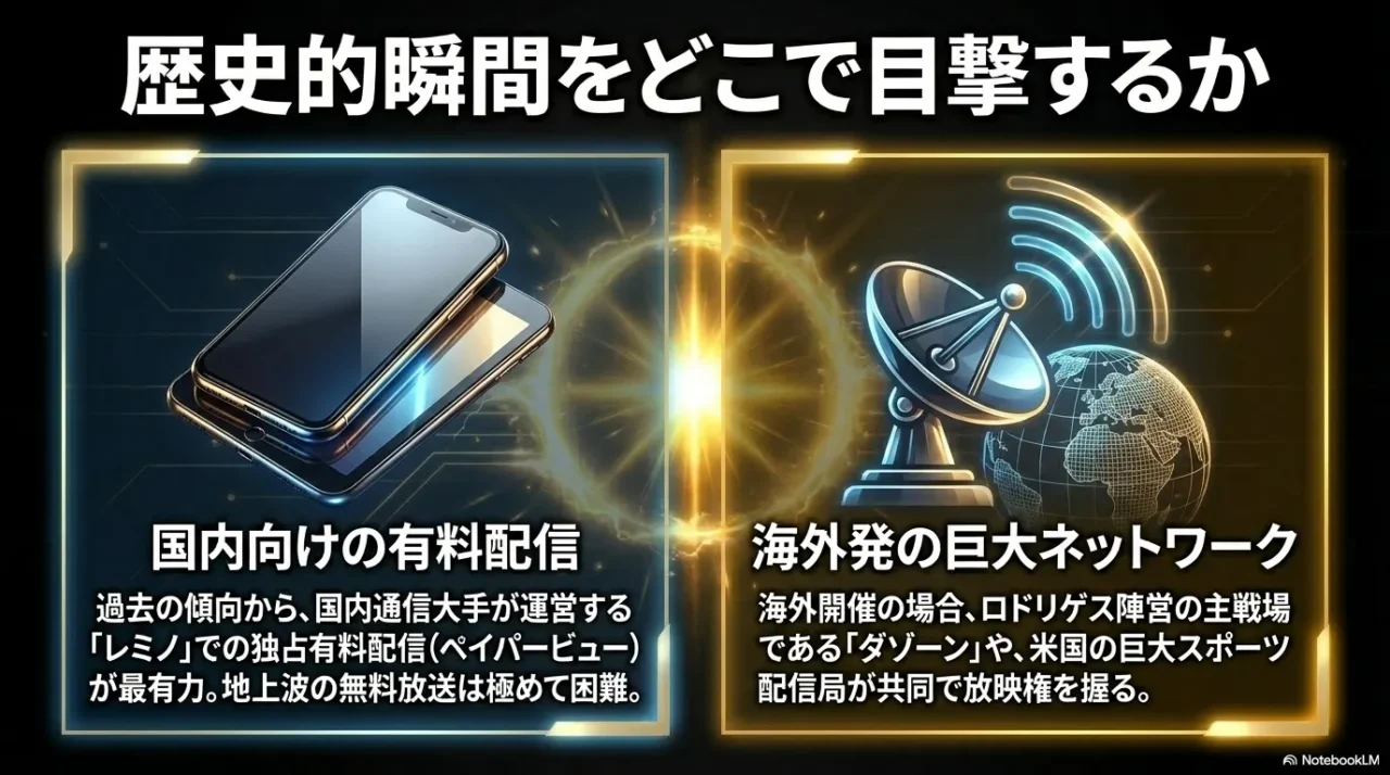 LeminoやDAZNなど井上尚弥対ロドリゲス戦の放送配信候補を示した図