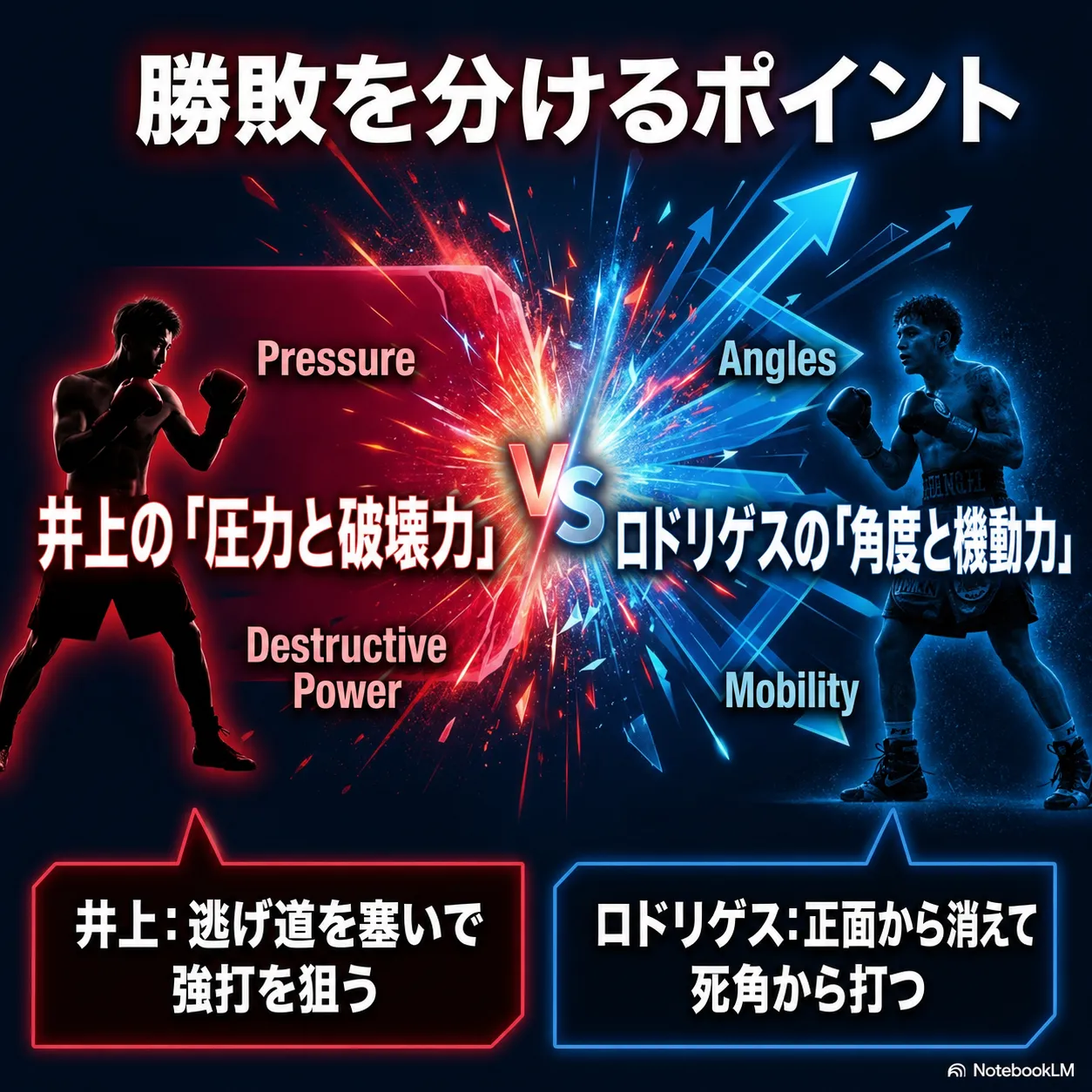 ボクシングの対戦比較インフォグラフィック。左の井上は赤色で「圧力と破壊力（Pressure・Destructive Power）」を表し逃げ道を塞いで強打を狙う。右のロドリゲスは青色で「角度と機動力（Angles・Mobility）」を表し正面から消えて死角から打つ。