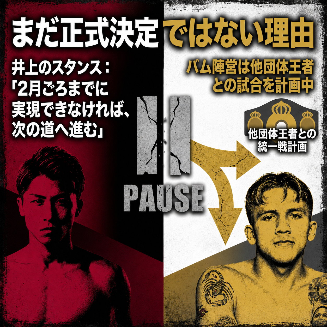 一時停止マークを中央に置き、井上の「2月ごろまでに実現できなければ次の道へ進む」という発言と、バム陣営の他団体王者との統一戦計画を並べた図