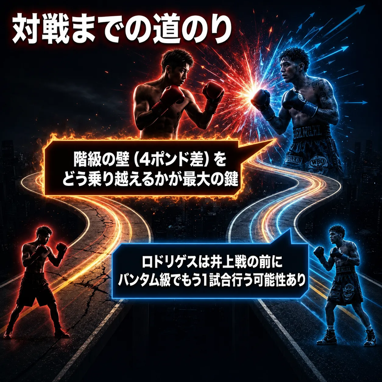 井上尚弥とロドリゲスの対戦までの道のりを示すインフォグラフィック。階級の壁（4ポンド差）の克服が最大の鍵であり、ロドリゲスは井上戦の前にバンタム級でもう1試合行う可能性があると解説。