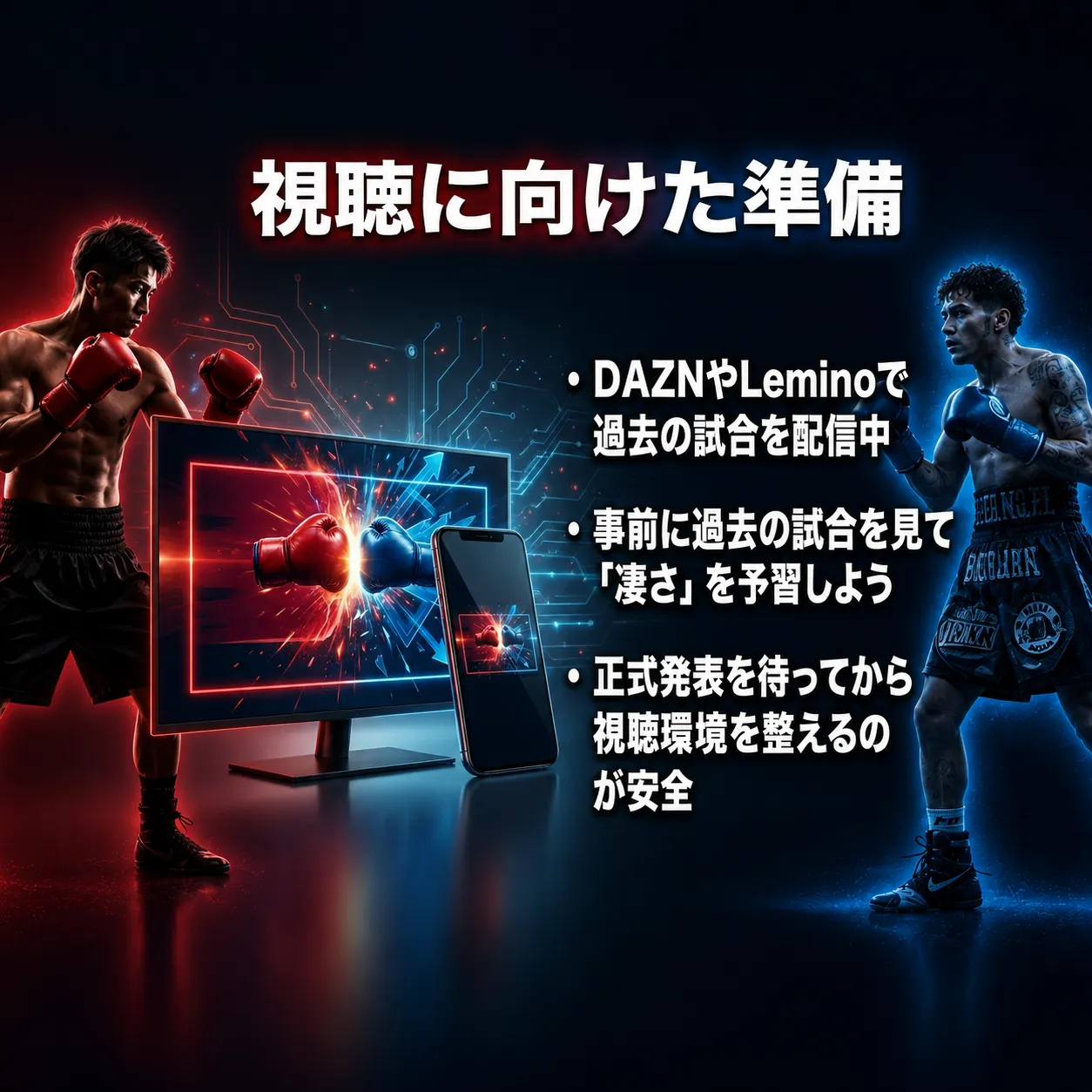ボクシング試合の視聴に向けた準備を解説する画像。赤と青のグローブを構える2人のボクサーとモニター、スマホを背景に、DAZNやLeminoで過去の試合を配信中、事前の予習、正式発表後に視聴環境を整える安全性を紹介。