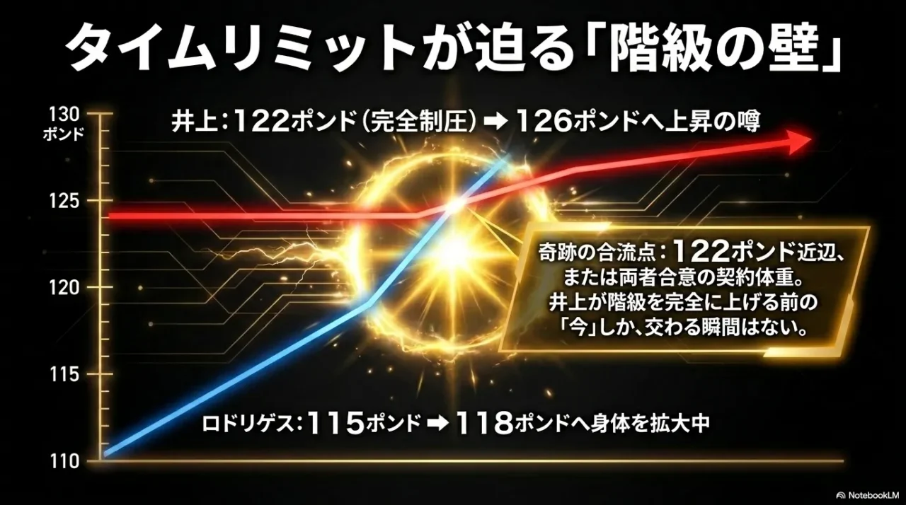 井上尚弥とロドリゲスの体重階級の変化と対戦可能期間を示した図