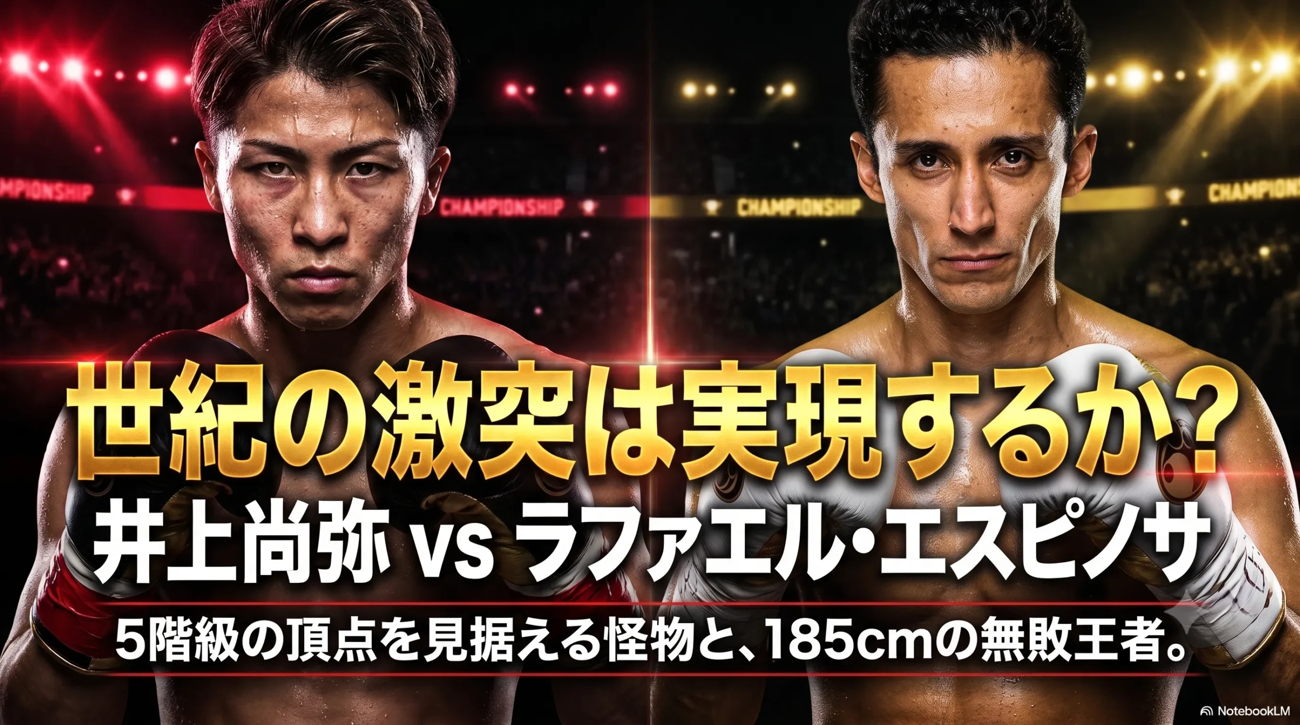 井上尚弥とラファエル・エスピノサがボクシングの試合を前に対峙するプロモーション画像。「世紀の激突は実現するか?」の見出しと、5階級制覇を目指す怪物と185cmの無敗王者の対決を示すテキストが表示されている。
