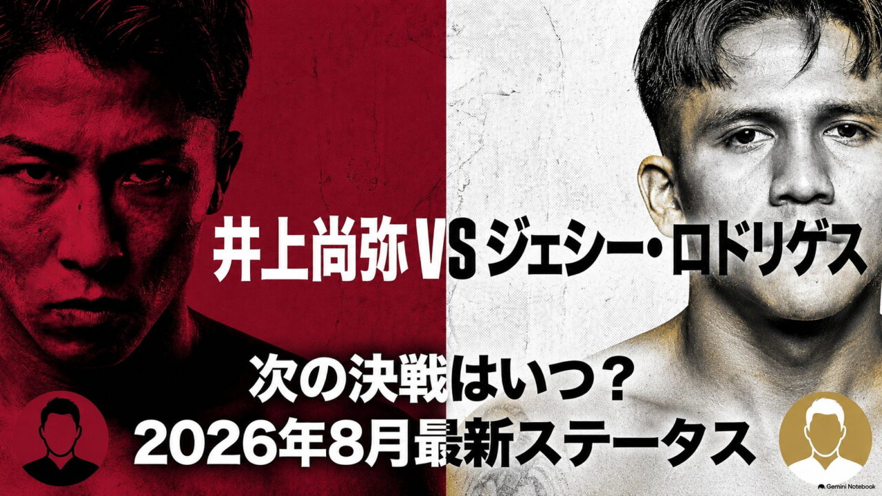 井上尚弥とジェシー・ロドリゲスの顔を赤と白で左右に分けたサムネイル。中央に「井上尚弥VSジェシー・ロドリゲス 次の決戦はいつ？2026年8月最新ステータス」の文字