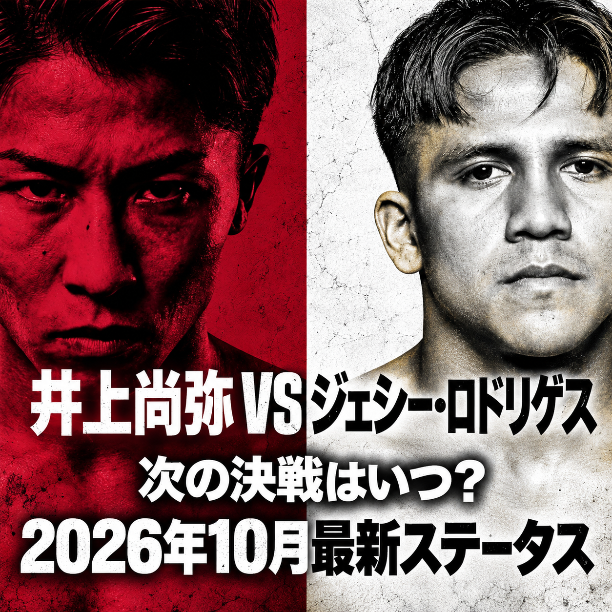 井上尚弥とジェシー・ロドリゲスの顔を赤と白で左右に分けたサムネイル。中央に「井上尚弥VSジェシー・ロドリゲス 次の決戦はいつ？2026年10月最新ステータス」の文字