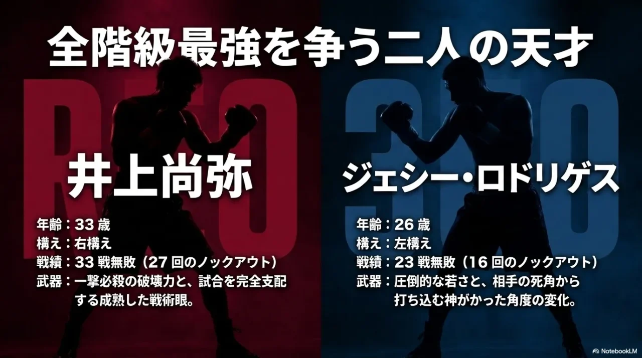 井上尚弥とジェシー・ロドリゲスの年齢や戦績を比較したプロフィール図