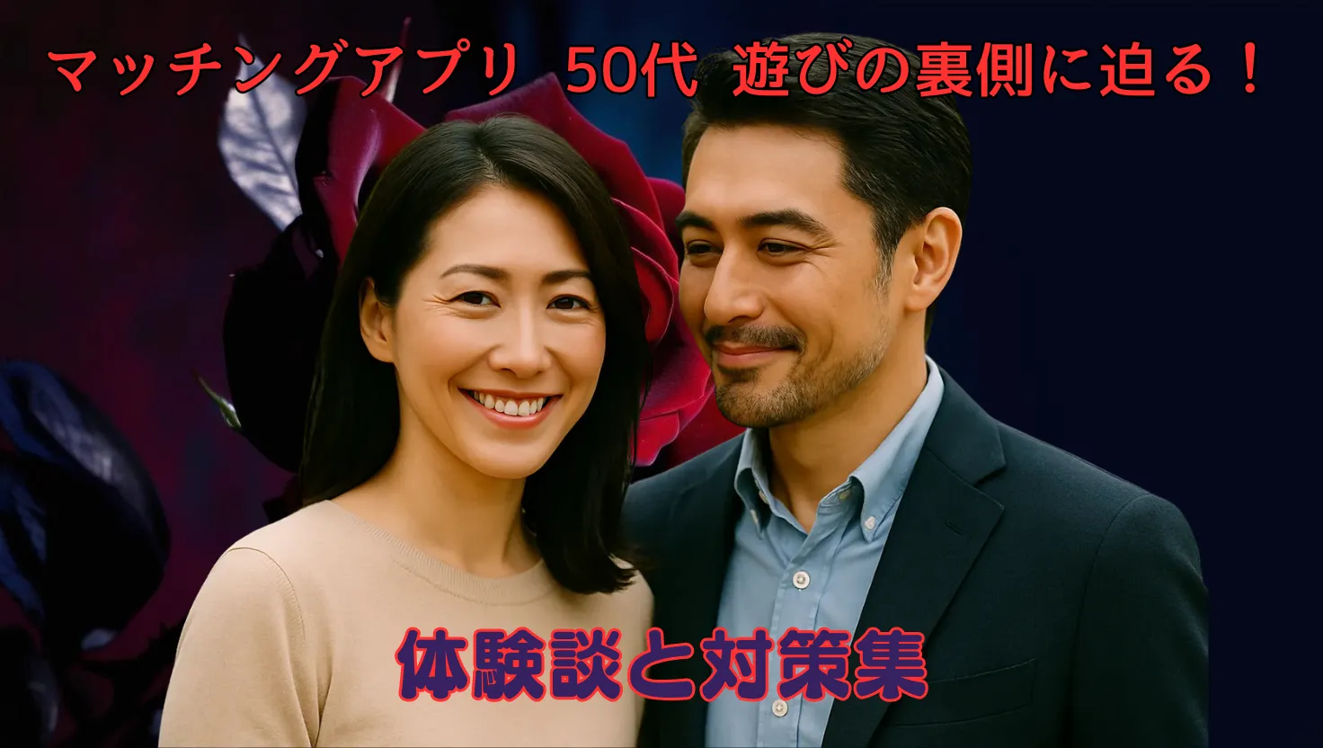 50代の日本人男女がマッチングアプリの出会いを笑顔で楽しむ様子を描いたアイキャッチ画像