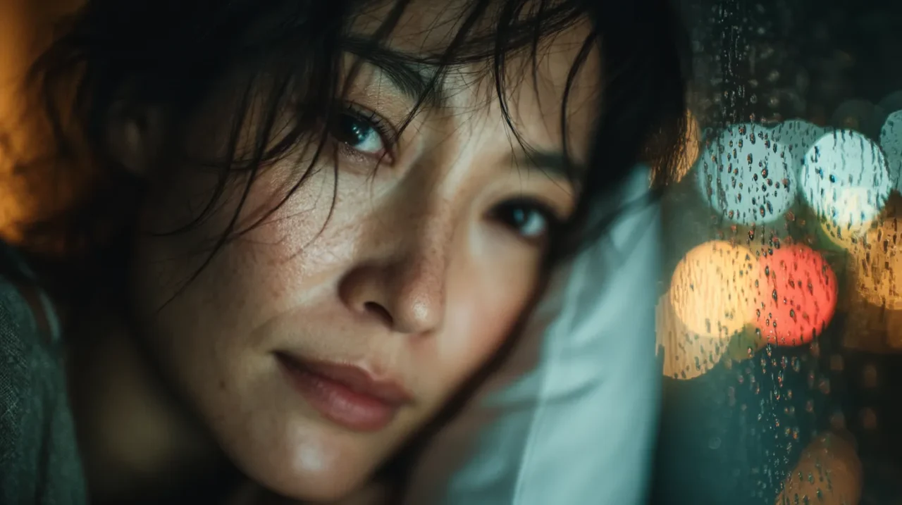 雨粒が付いた窓と街の光がぼける夜に、枕に頬を寄せて眠れず目を開けたままの30代の美しい日本人女性のクローズアップ