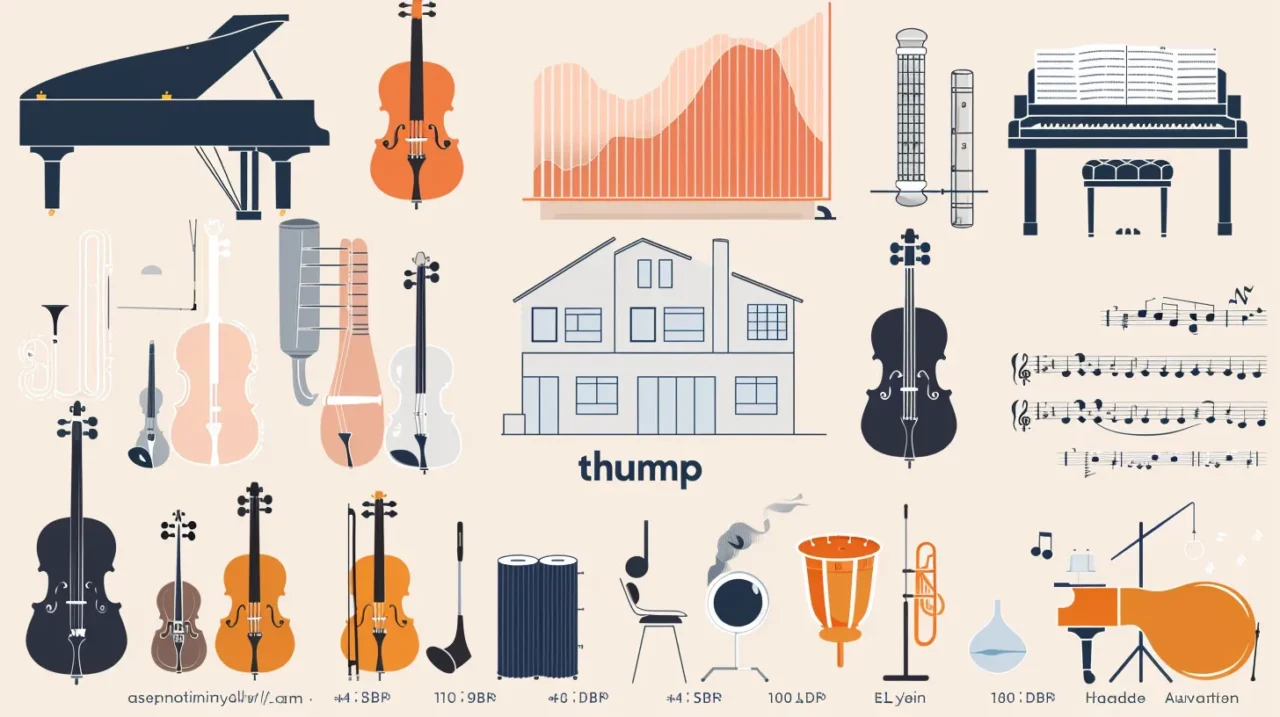 さまざまな楽器の音量レベルと住宅に響く振動音を図解したインフォグラフィック。ピアノ・弦楽器・管楽器・打楽器のイラストと、住宅に伝わる「thump」振動を示す家の図が含まれる。