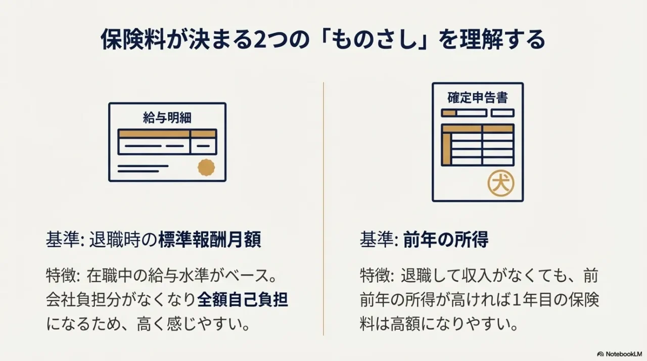 保険料が決まる基準の比較。任意継続は退職時の標準報酬月額（給与明細）、国保は前年の所得（確定申告書）に基づく解説図