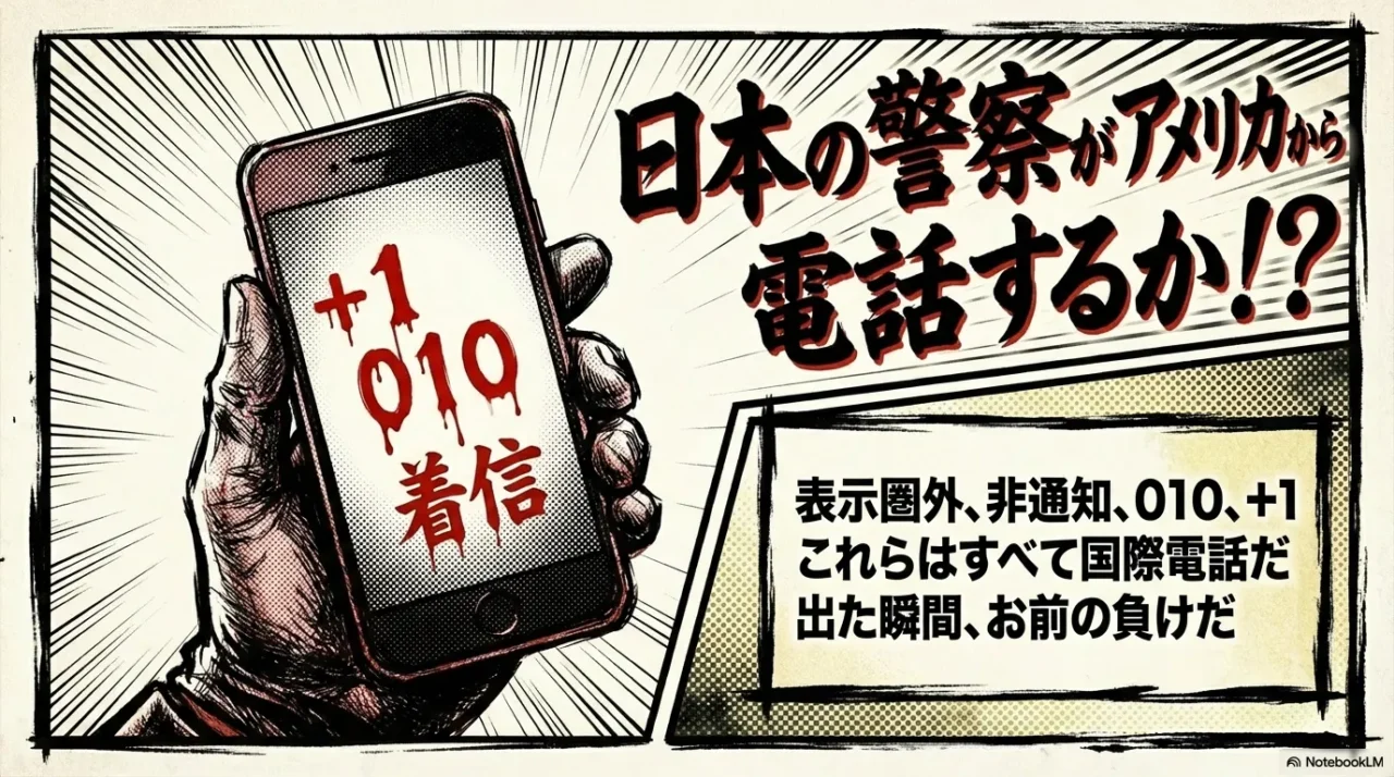 警察が国際電話を使うことはないため、+1などの表示が出たら即座に詐欺と判断するイラスト