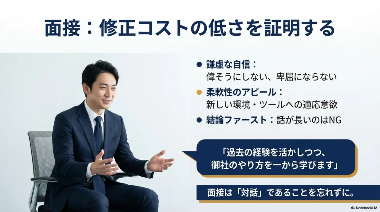 椅子に座り笑顔で話すビジネスマン。謙虚な自信、柔軟性、結論ファーストなど、面接で「修正コストが低い」と思わせるポイントをまとめたスライド。