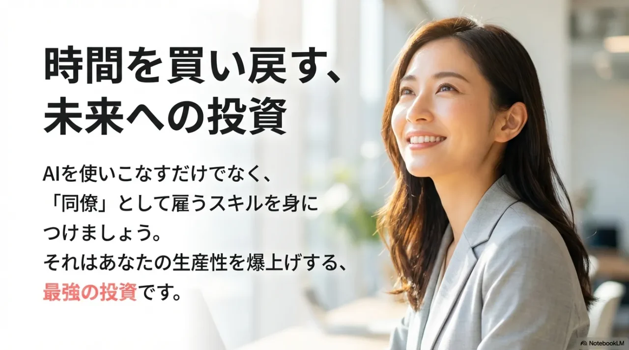 時間を買い戻す未来への投資をテーマに、AIを同僚として雇い生産性を高める考え方を表現したビジネスイメージ