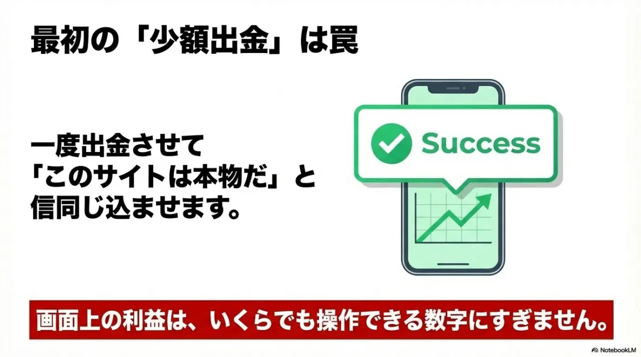スマホ画面上の利益グラフとSuccessの文字。「画面上の利益は操作できる」という注意書き