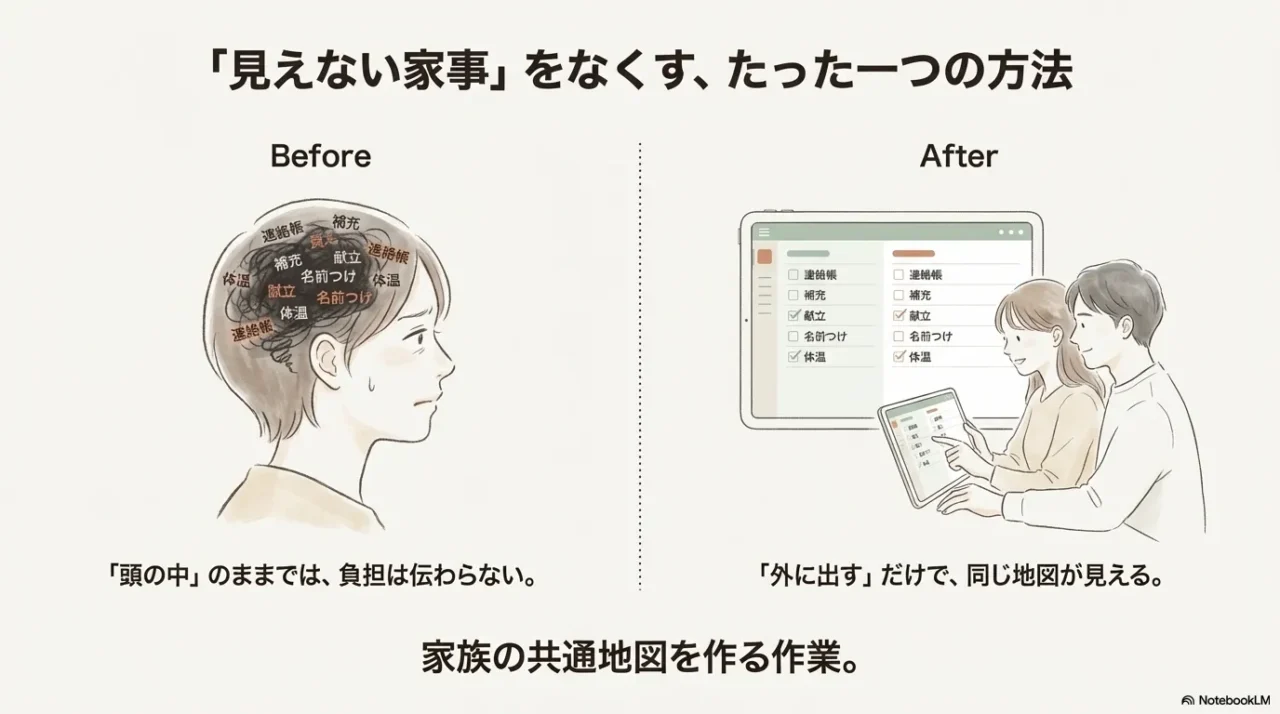 家事育児の負担を頭の中に抱えるBeforeと、リスト化して共有するAfterを対比したスライド