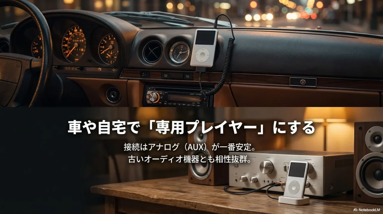 車や自宅でiPod classicを専用プレイヤーとして使うイメージ