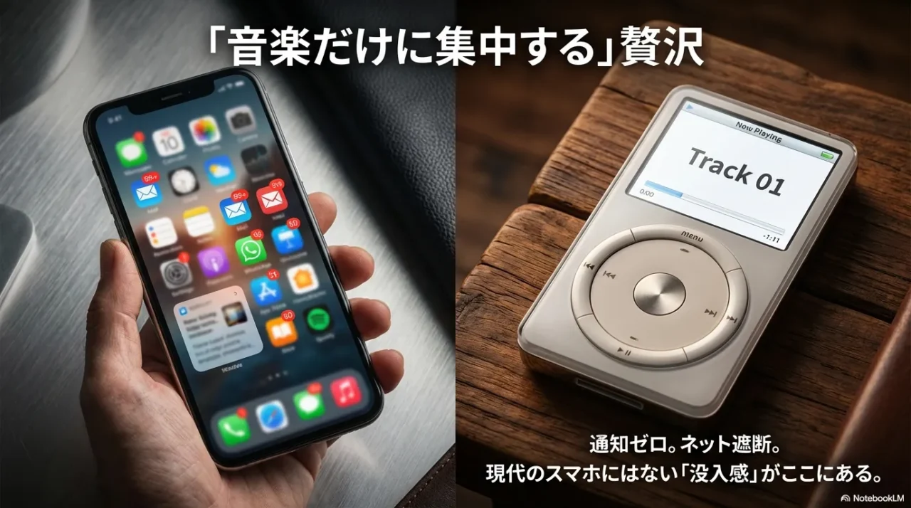 スマホとiPod classicを対比して音楽に集中するイメージ
