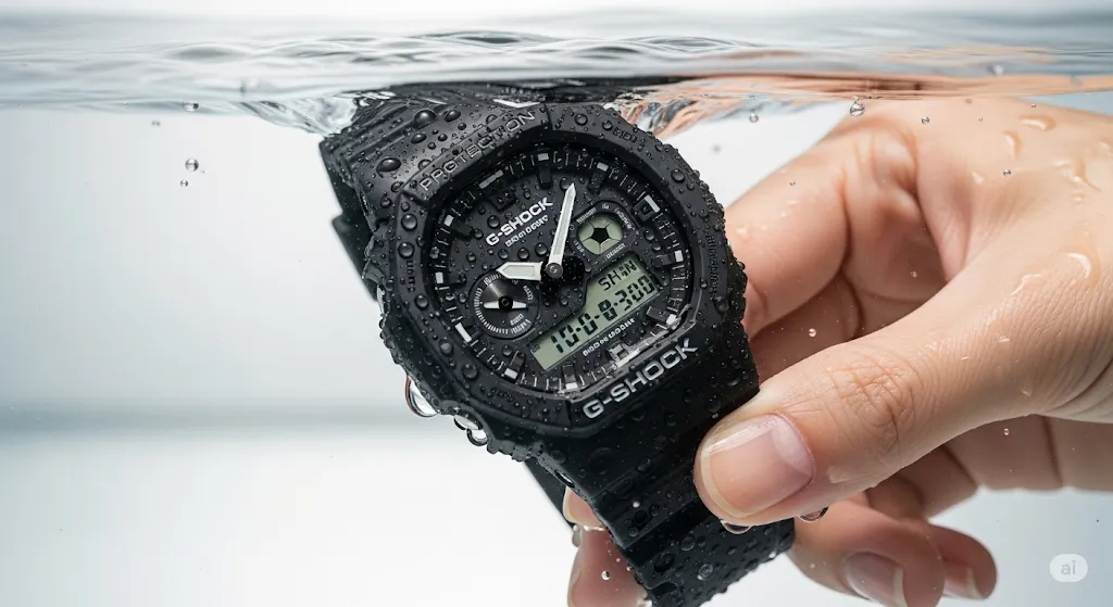 水に浸かったG-SHOCKの裏蓋を指で示す日本人