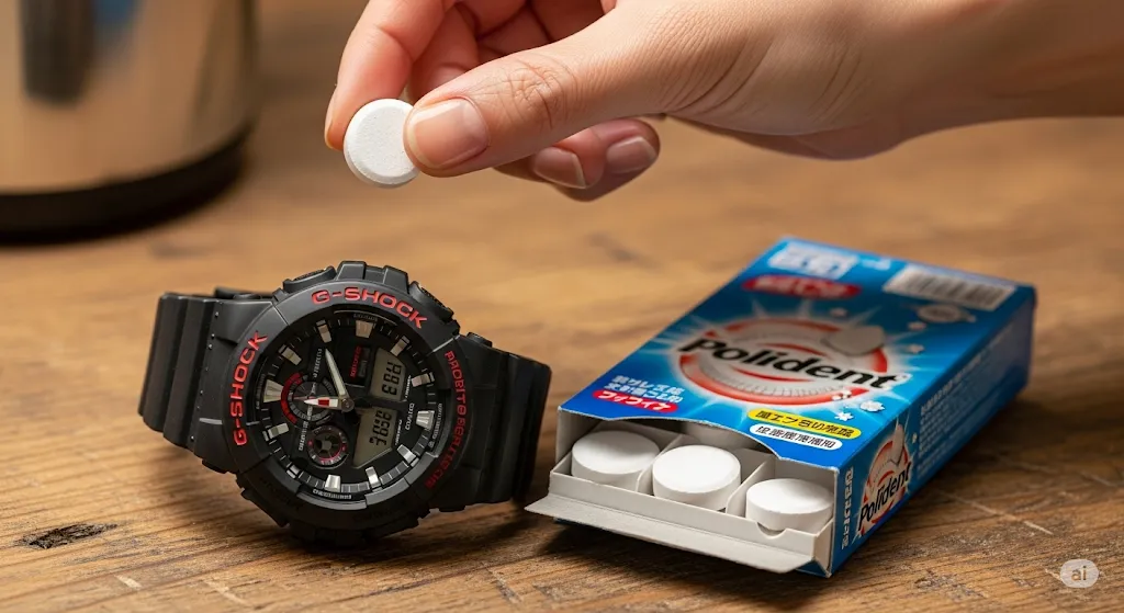 ポリデントの箱とG-SHOCKを持つ日本人の手