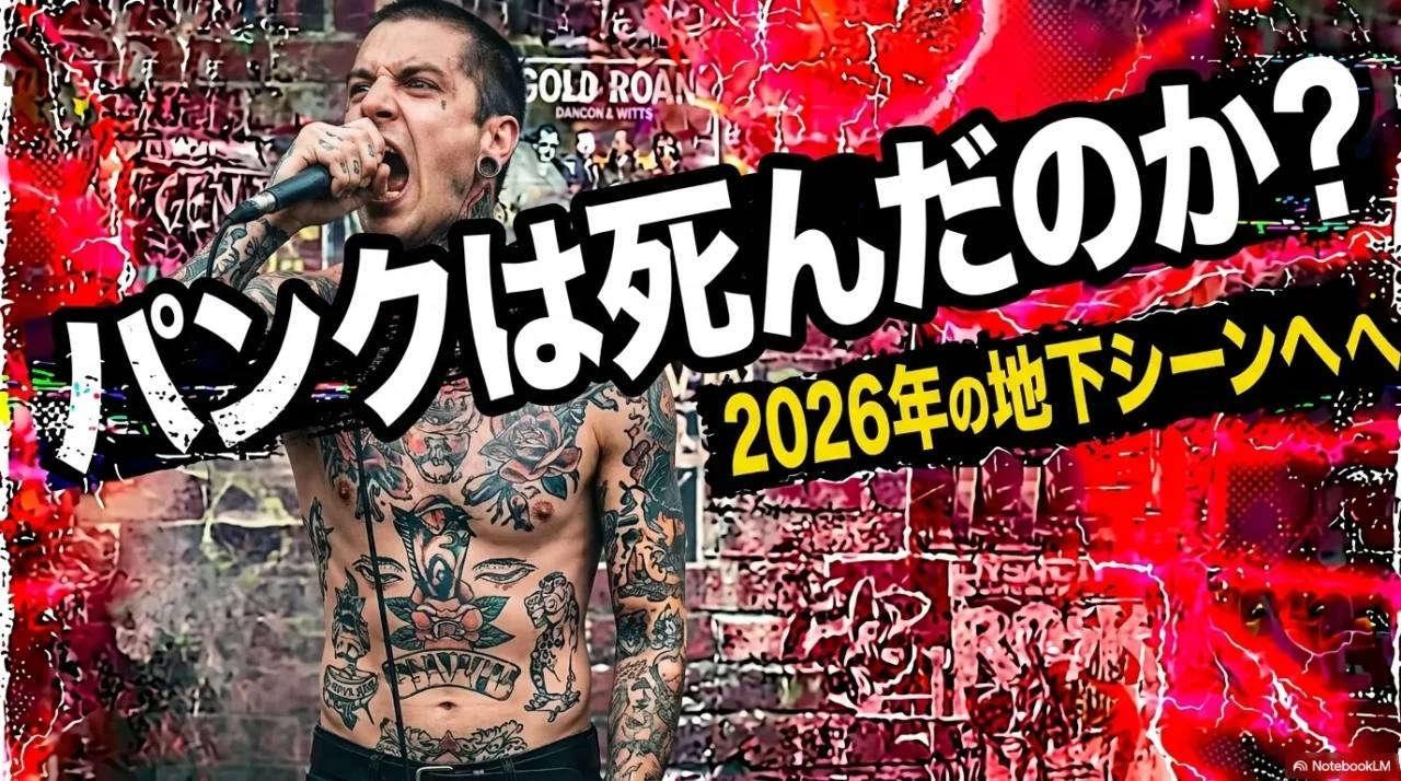 上半身裸でタトゥーの入った男性パフォーマーがマイクを握り叫ぶライブ写真。赤いグランジ風背景に「パンクは死んだのか？2026年の地下シーンへ」という白と黄色の日本語テキストが配置されたサムネイル画像。