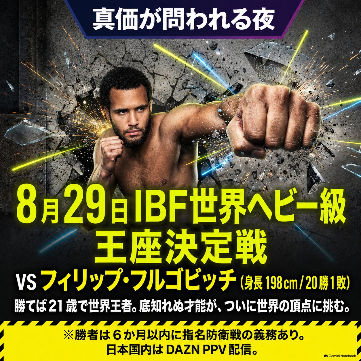 イタウマが拳を手前へ突き出す姿と破砕表現を使い、8月29日のフィリップ・フルゴビッチとのIBF世界ヘビー級王座決定戦を告知する図解。