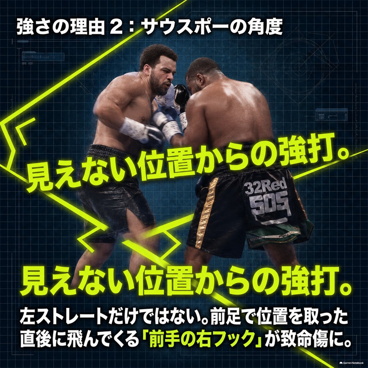 リング中央で接近戦をするイタウマと相手選手に蛍光ラインを重ね、サウスポーの前足と角度から右フックへつなぐ動きを示した技術図解。