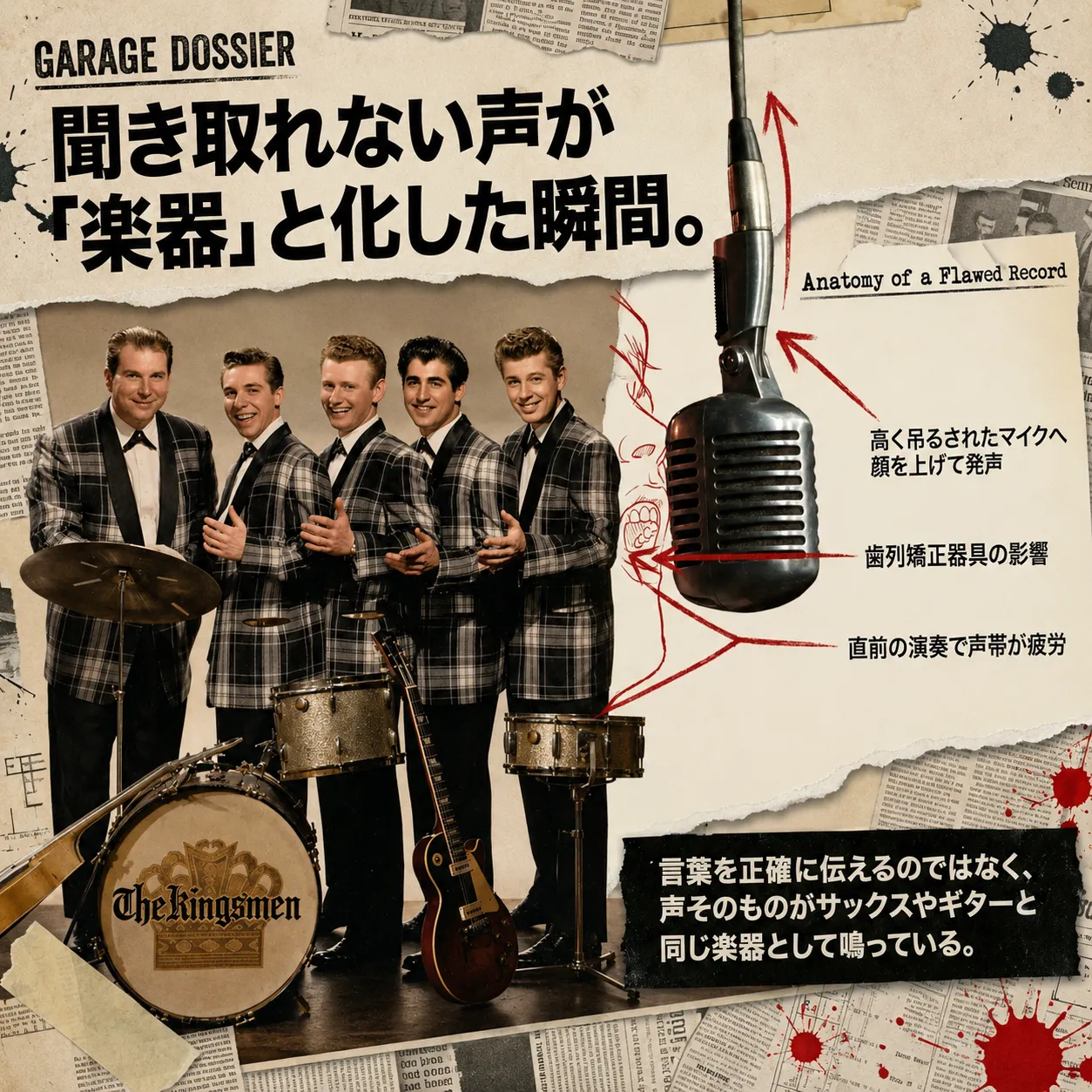 格子柄のジャケットを着たThe Kingsmenの5人のメンバーがドラムやギターと共に並ぶ写真と、ヴィンテージマイクの解説図を組み合わせたコラージュ。「聞き取れない声が楽器と化した瞬間」という見出しで、歌声が楽器として鳴る録音の分析を紹介。