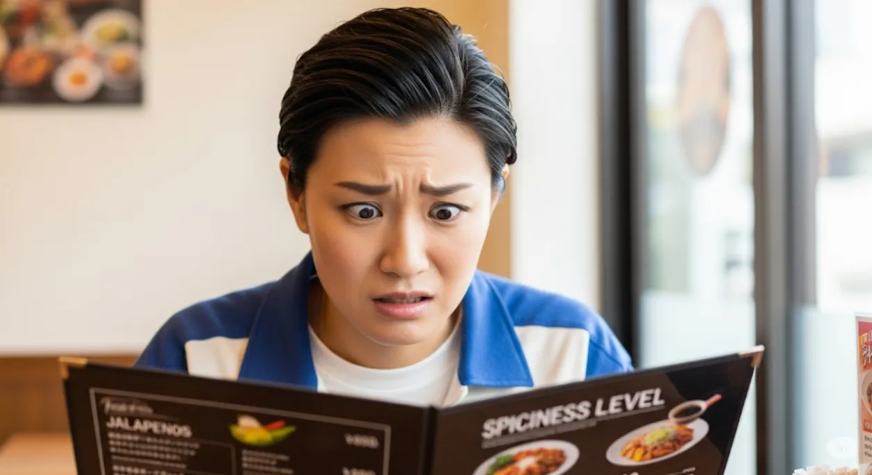 メニューを見てハラペーニョの追加や辛さの変化について困惑している女性の顔のクローズアップ。
