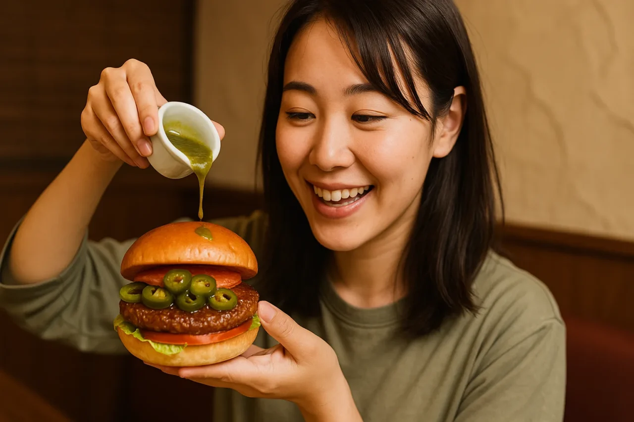 笑顔の女性が、ハラペーニョがトッピングされたハンバーガーにハラペーニョソースをかけている様子。