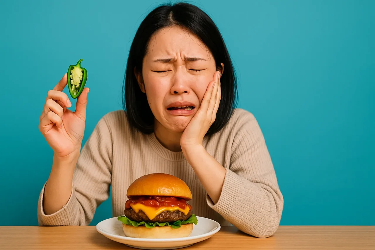 テーブルの上のハンバーガーとハラペーニョを持ち、辛さに顔をしかめて涙ぐんでいる女性。