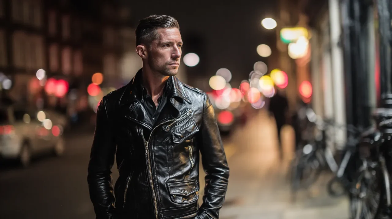 夜の街を背景に、上質な黒いロンジャンを着た大人の男性が横を向いて立ち、落ち着いた表情で遠くを見つめている写真