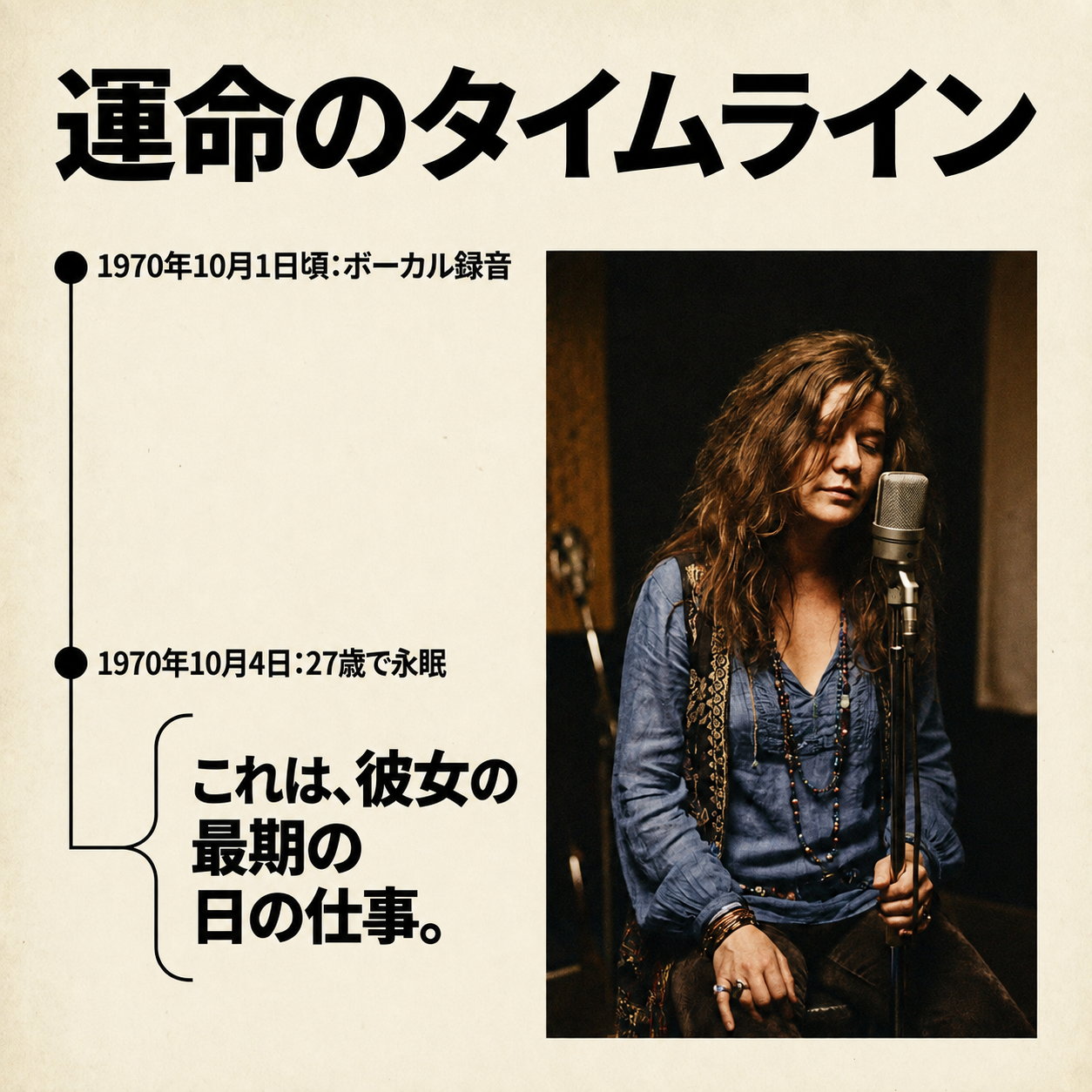 縦のタイムライン上に1970年10月1日頃のボーカル録音と10月4日の死去を並べ、右側にマイクの前で目を閉じるジャニス・ジョプリンの写真を置いた図