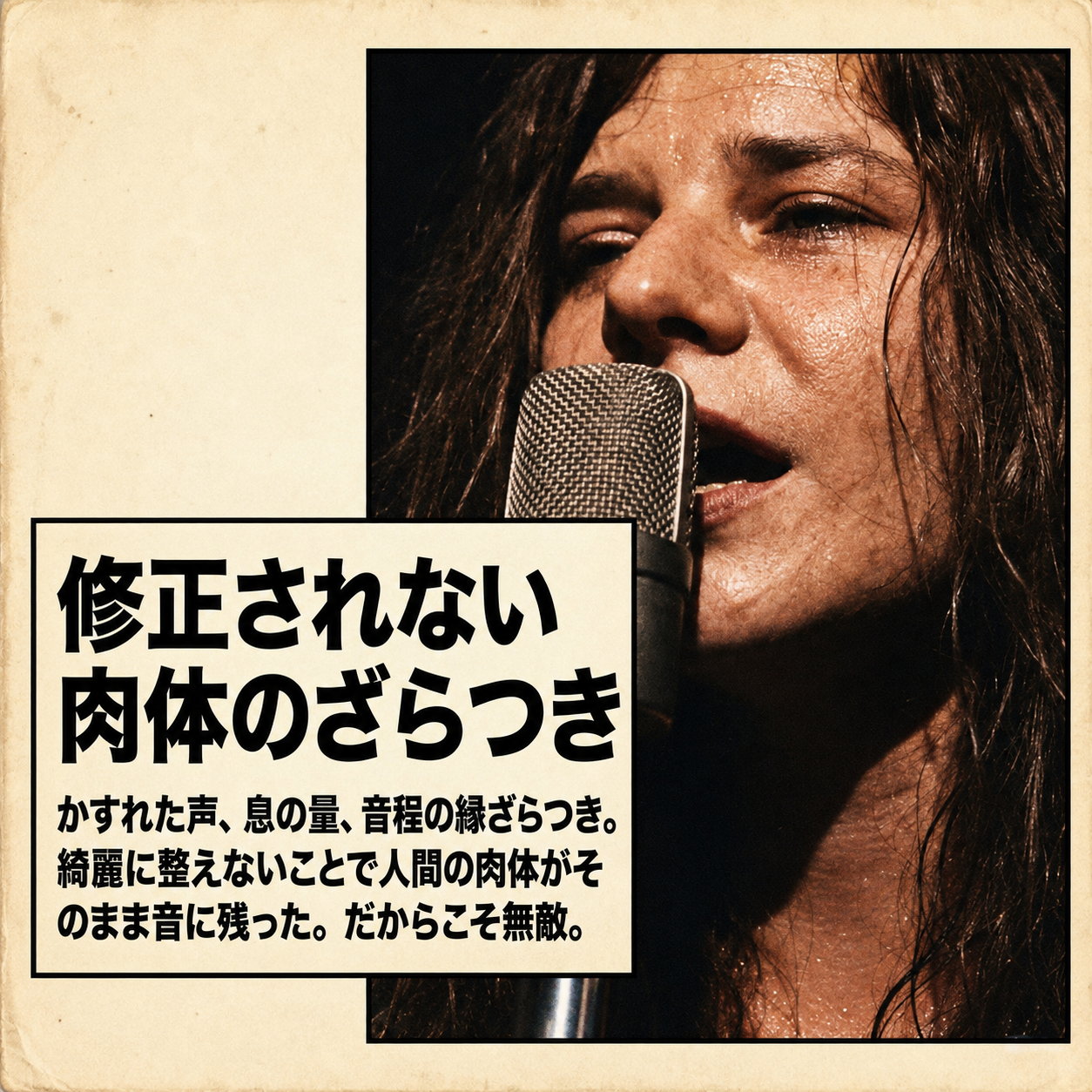 汗ばんだ顔でマイクに向かって歌うジャニス・ジョプリンの接写の左下に、かすれた声や息づかいを修正しなかったことの意味を記した枠を置いた画像