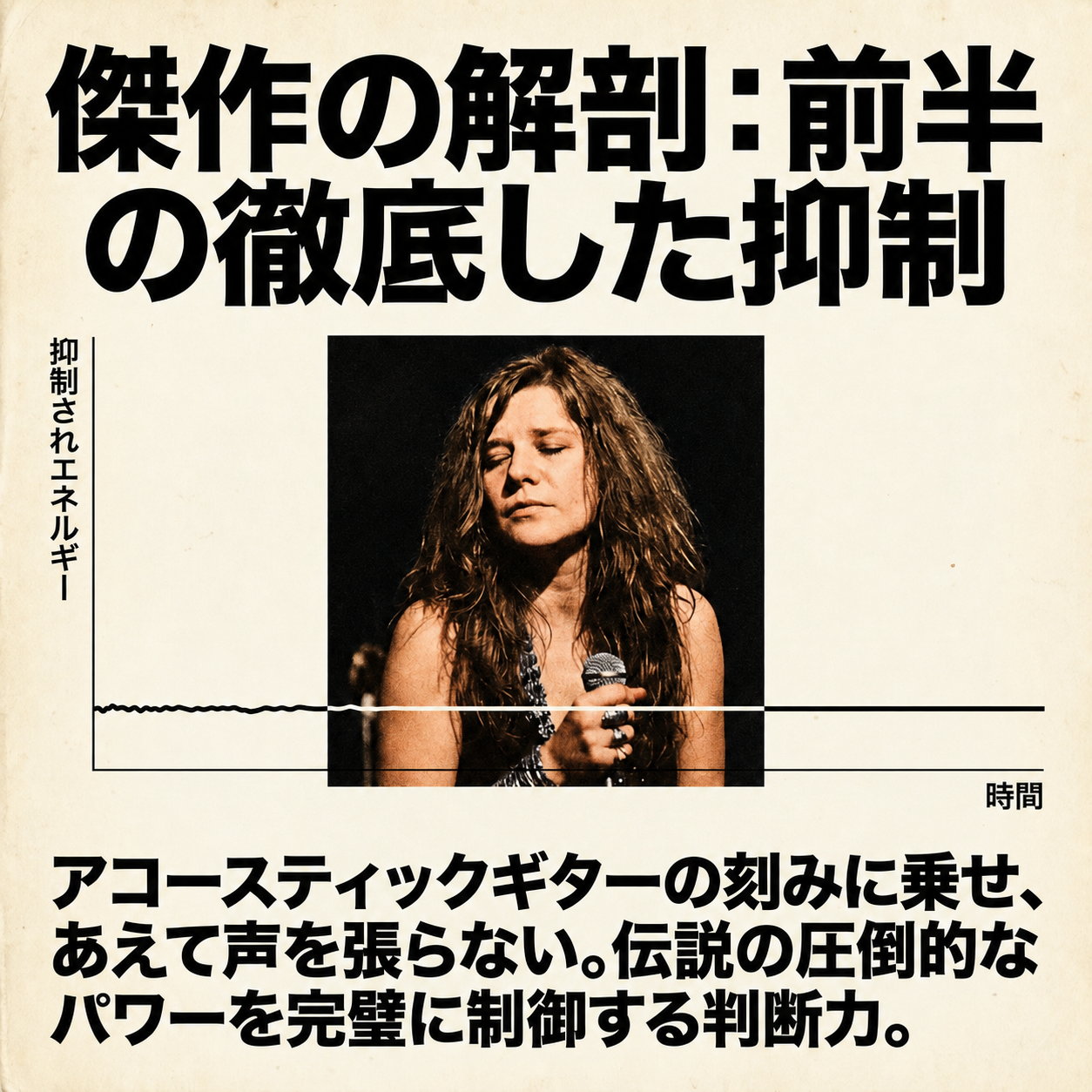 ほぼ平坦な線が横に伸びるグラフの中央に、目を閉じてマイクを持つジャニス・ジョプリンの写真を重ね、前半の抑制について説明した解説画像