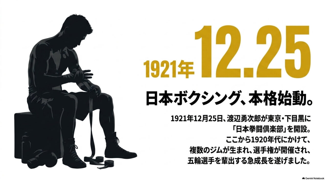 台に腰かけてバンテージを巻くボクサーのシルエットと「1921年12.25」の日付を大きく配し、日本拳闘倶楽部の開設を説明した解説図。