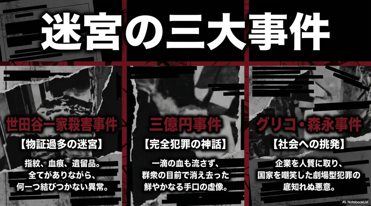 世田谷一家殺害事件、三億円事件、グリコ森永事件の三大未解決事件を並べた比較画像