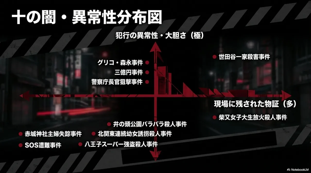 日本の代表的な未解決事件10件を、異常性や物証の多さの観点で整理した分布イメージ画像