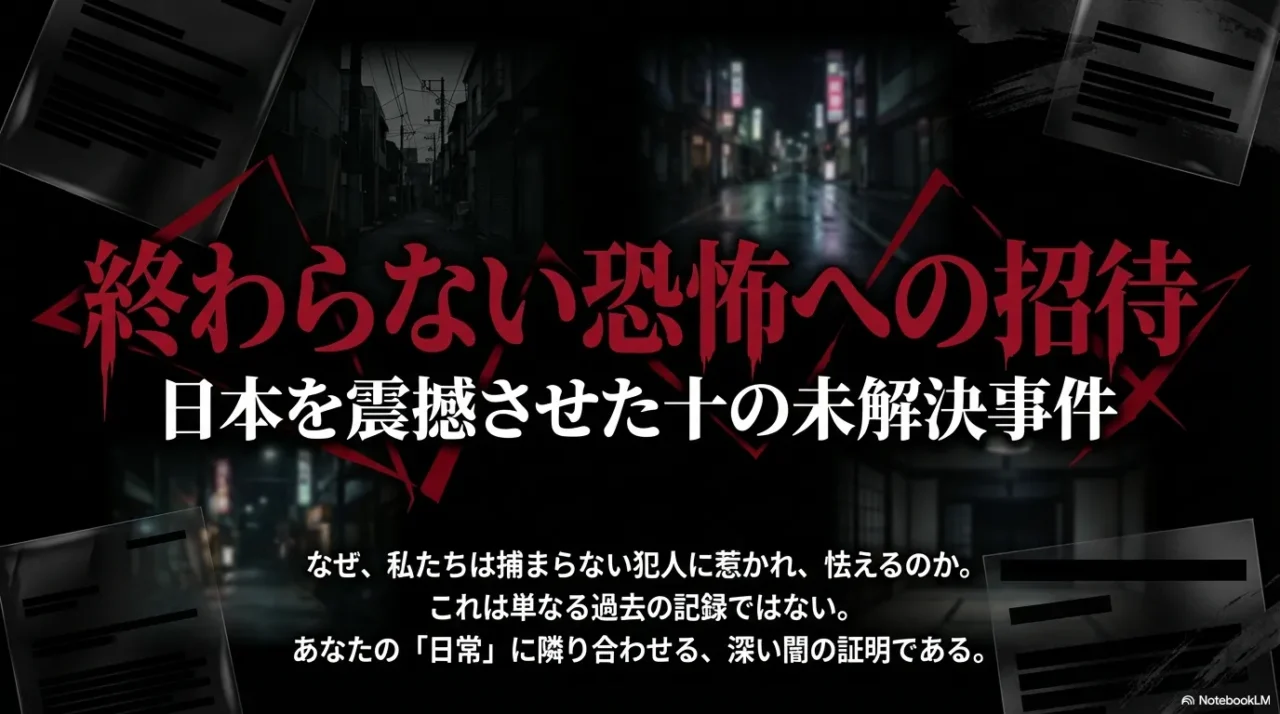 暗い路地裏を背景に、日本の未解決事件10選の不気味さと緊張感を表現した導入用画像