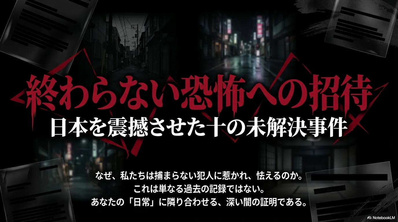 暗い路地裏を背景に、日本の未解決事件10選の不気味さと緊張感を表現した導入用画像