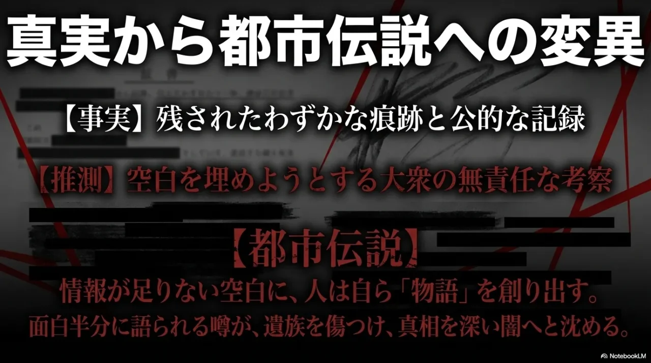 事実から推測が広がり、都市伝説化していく流れを表現した未解決事件の概念画像