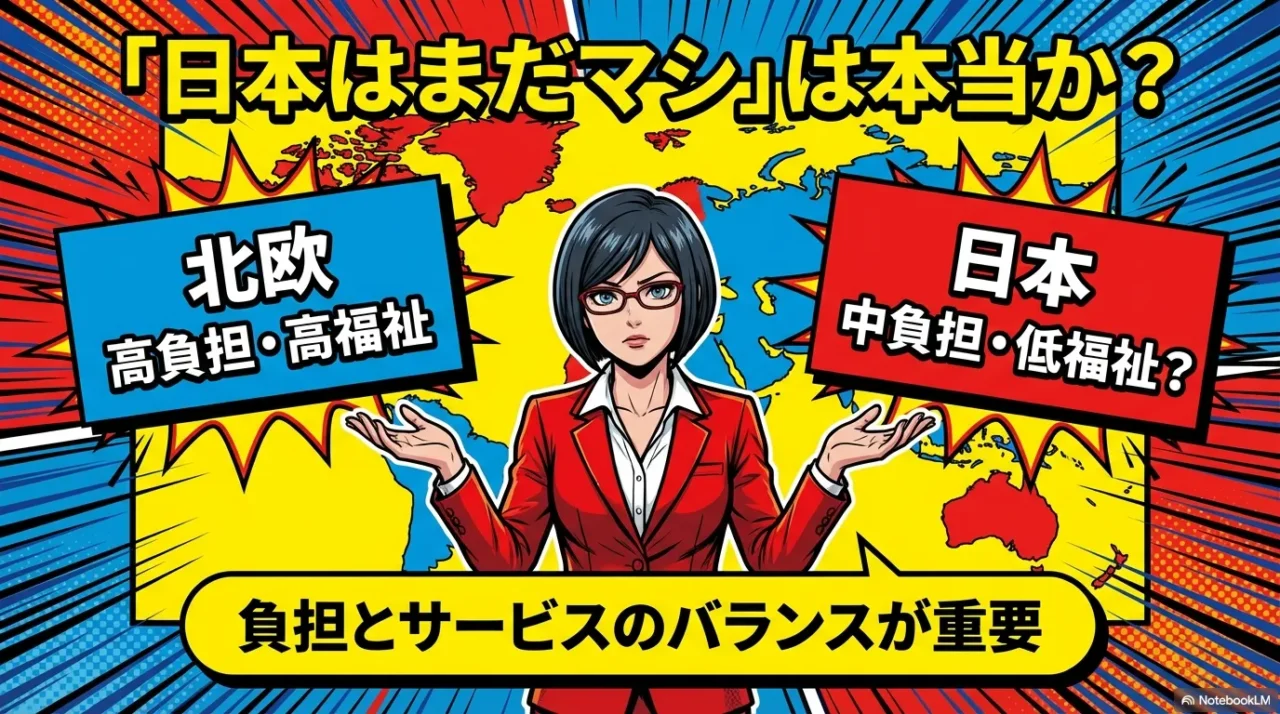 北欧は高負担だが高福祉、日本は中負担だが低福祉である可能性を示唆し、負担とサービスのバランスが重要であることを説く図