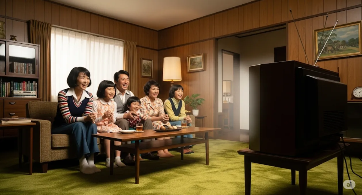 昭和時代の日本の居間で、家族五人がブラウン管テレビを笑顔で囲んでいる様子。父親と母親がソファに座り、その前に娘が三人座ってテレビを見ている。