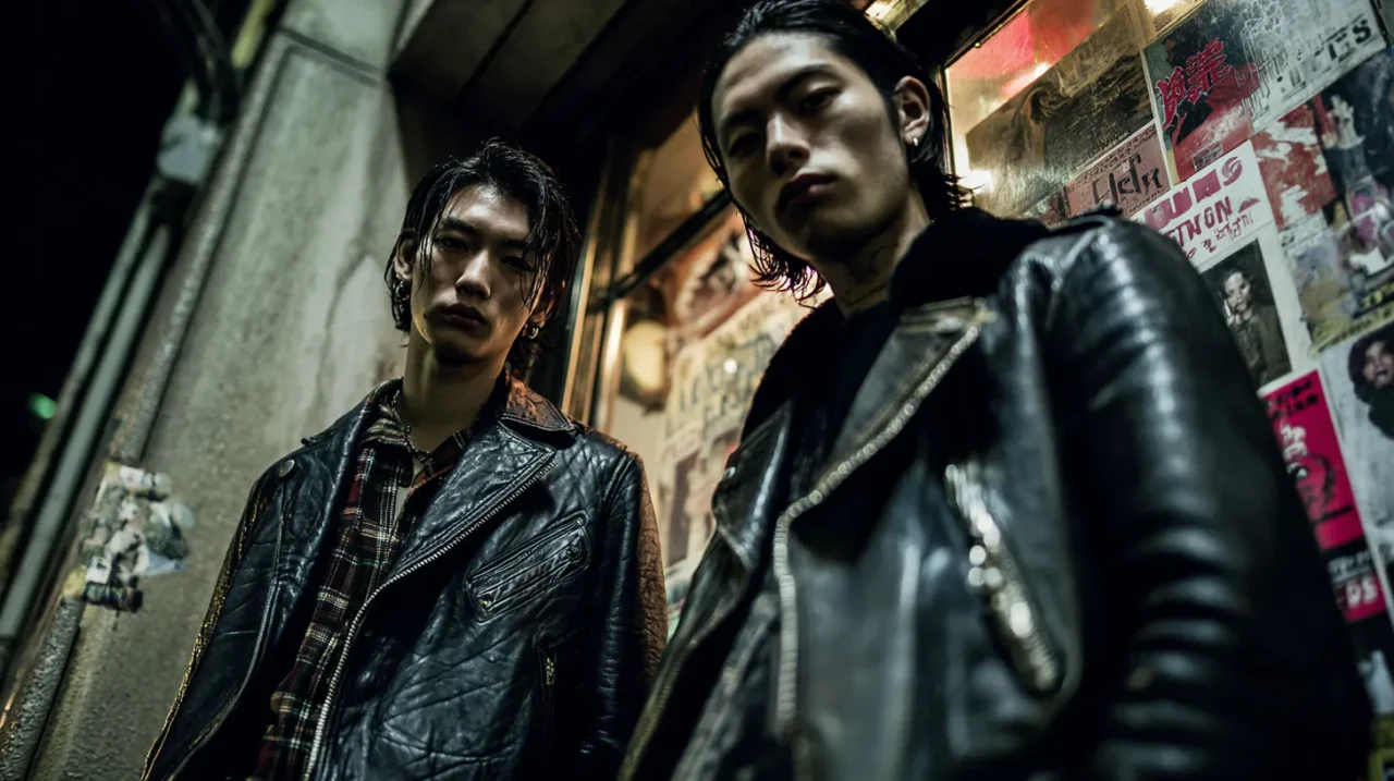 ライブハウスの貼り紙が並ぶ壁の前で、チェックシャツに細身レザーライダースを羽織った男性と、重厚な革とボア襟のライダースを着た男性が無表情でこちらを見下ろすように立っているパンクテイストの写真