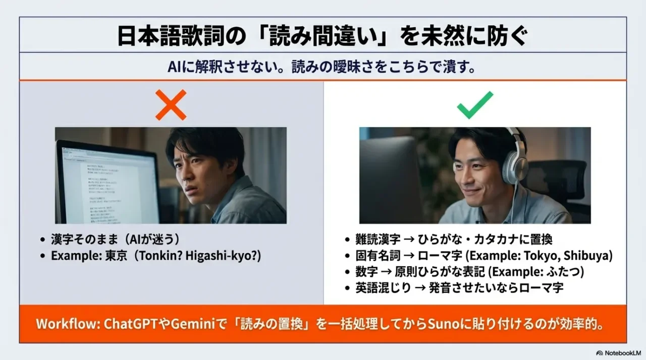 漢字はひらがな置換、固有名詞はローマ字などSuno AI読み対策