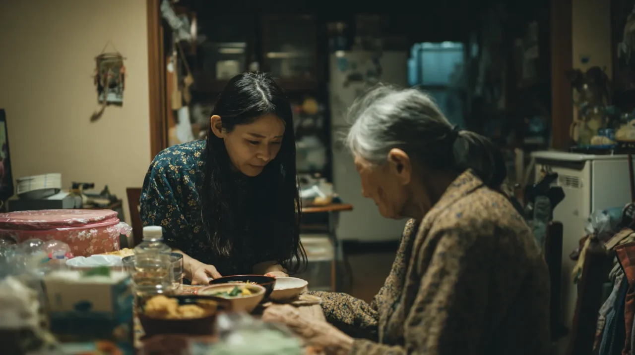 自宅で高齢の母親に寄り添い、食事の介助をする日本人女性の様子